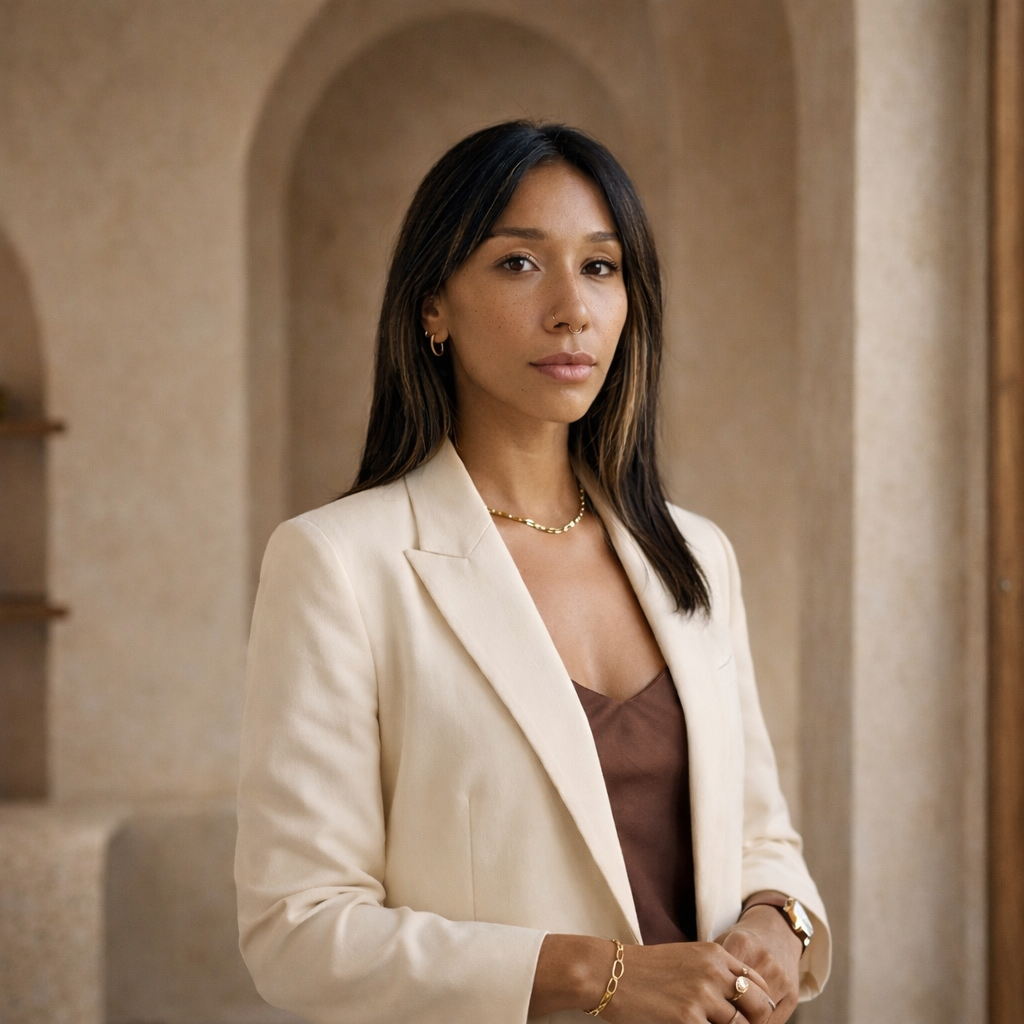 Portrait of Alison Belle standing in a neutral architectural setting